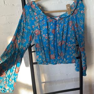 Floral blue cropped off the shoulder shirt